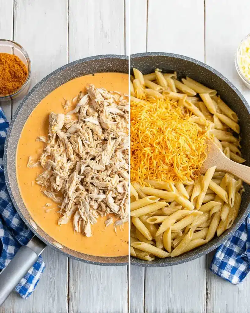 Shredded chicken, pasta, and cheese being mixed into creamy buffalo sauce in skillet