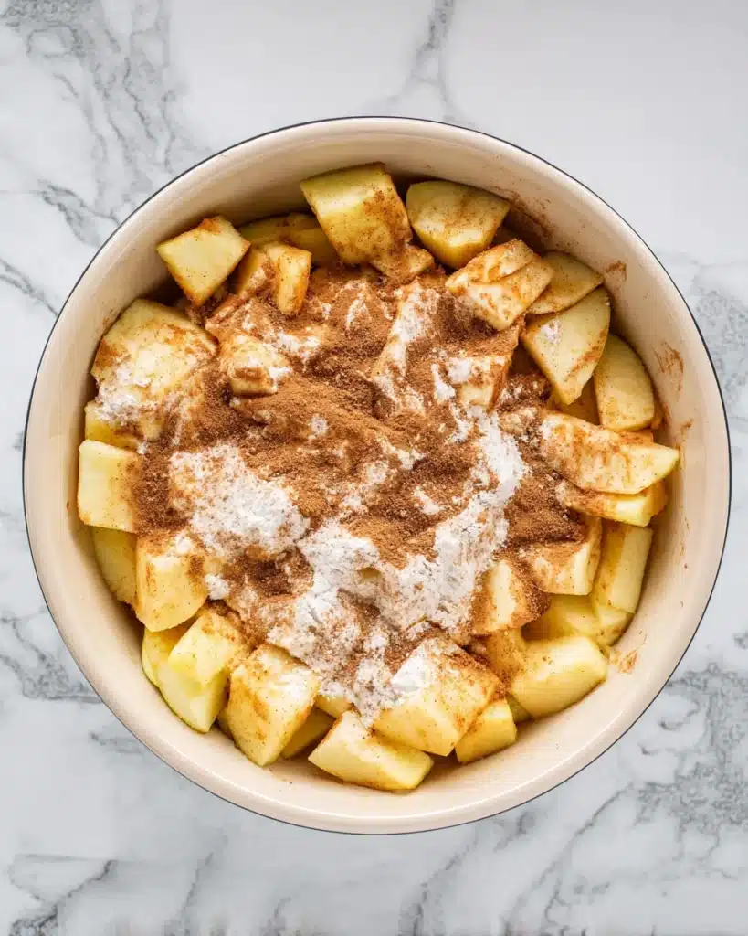 Simple Apple Crumble – Cozy Dessert for Any Occasion 14 Chopped apples with cinnamon, sugar, and flour in a baking dish