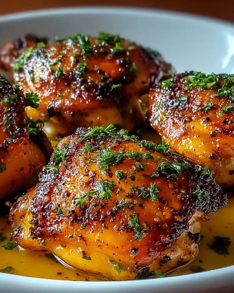 Baked Chicken Thighs (Crispy, Juicy, and So Easy!) 7 Close-up of glazed and crispy baked chicken thighs in a white dish, topped with herbs