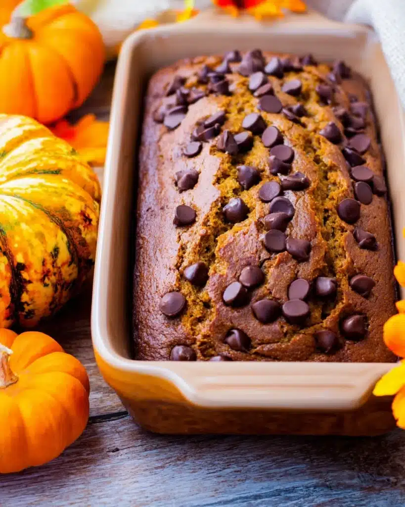 Freshly baked pumpkin chocolate chip bread loaf with golden crust and melted chocolate chips