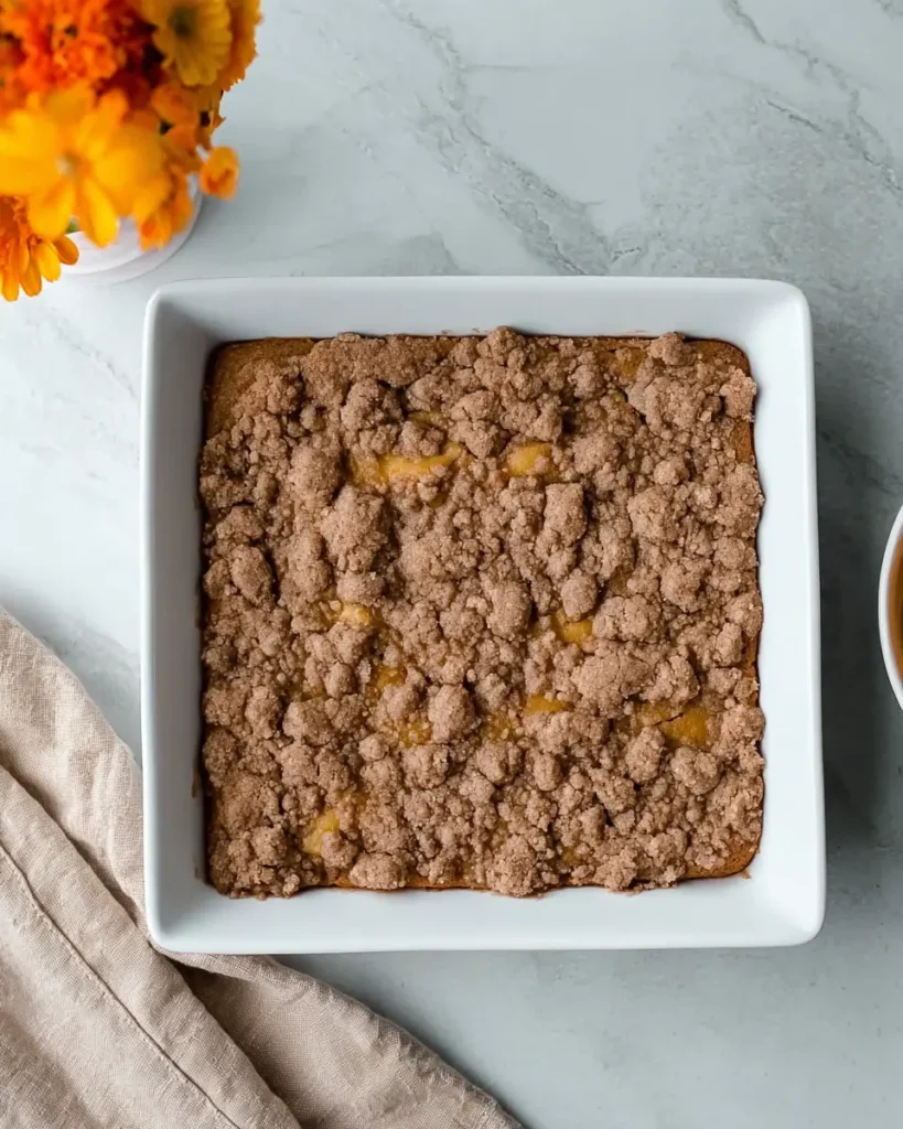 Pumpkin Coffee Cake – Soft, Spiced, and Perfect for Fall 13 Pumpkin coffee cake freshly baked in a white square pan with cinnamon crumb topping