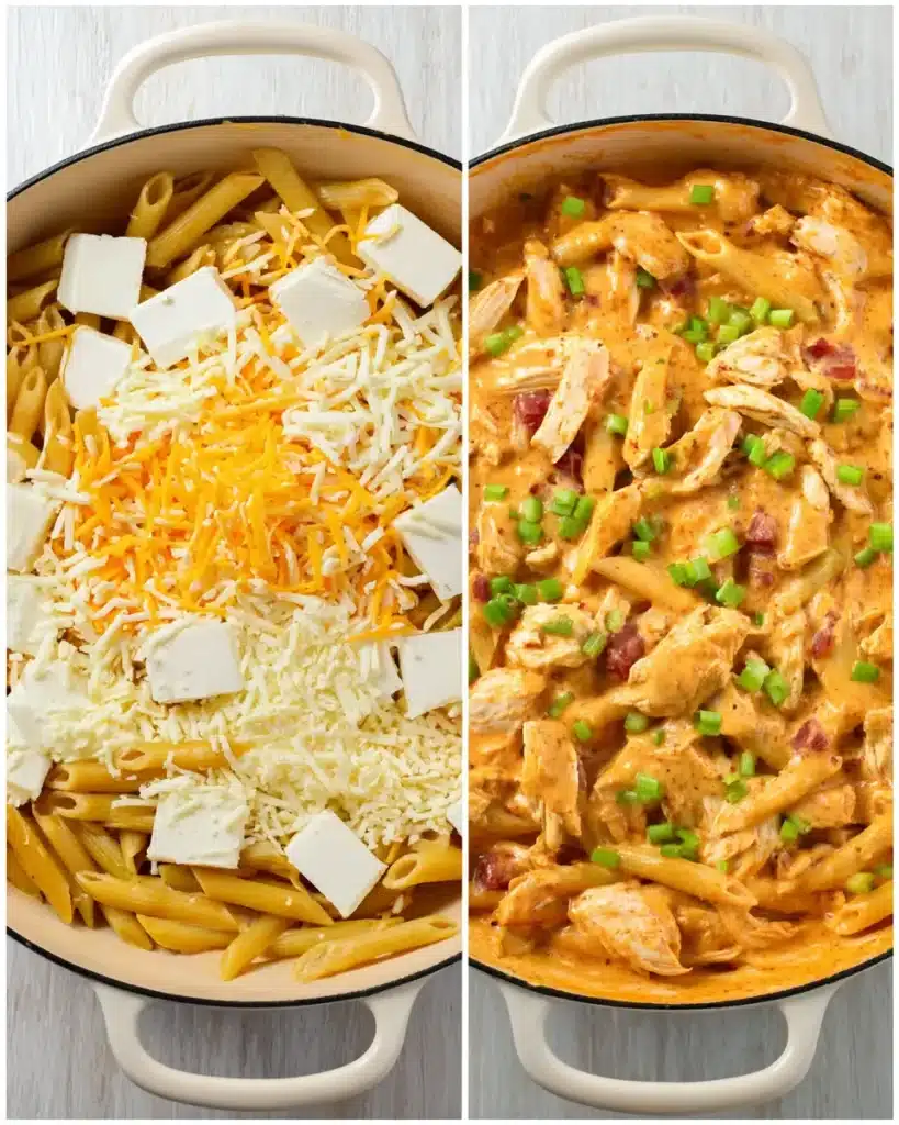 Buffalo chicken pasta before and after melting cheese in Dutch oven
