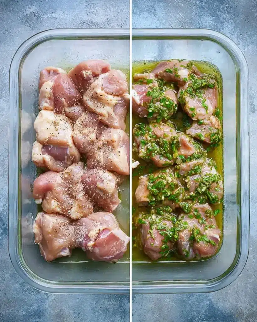 Side-by-side view of raw and marinated chicken thighs with chimichurri in a glass dish

