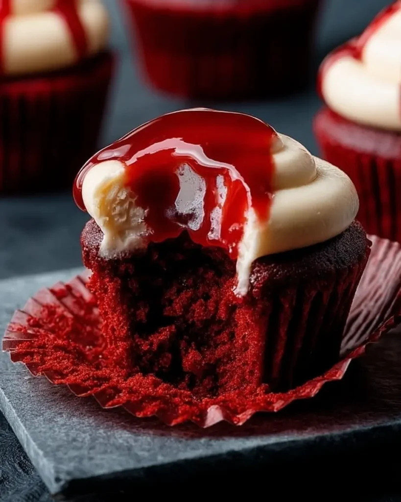 Vampire bite Halloween cupcake with creamy ivory frosting and oozing red filling inside