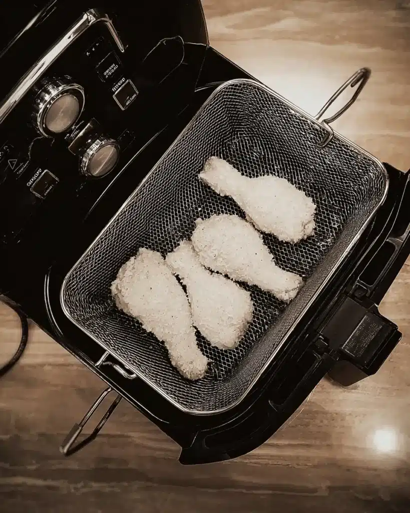 Breaded chicken drumsticks in deep fryer basket ready for cooking.