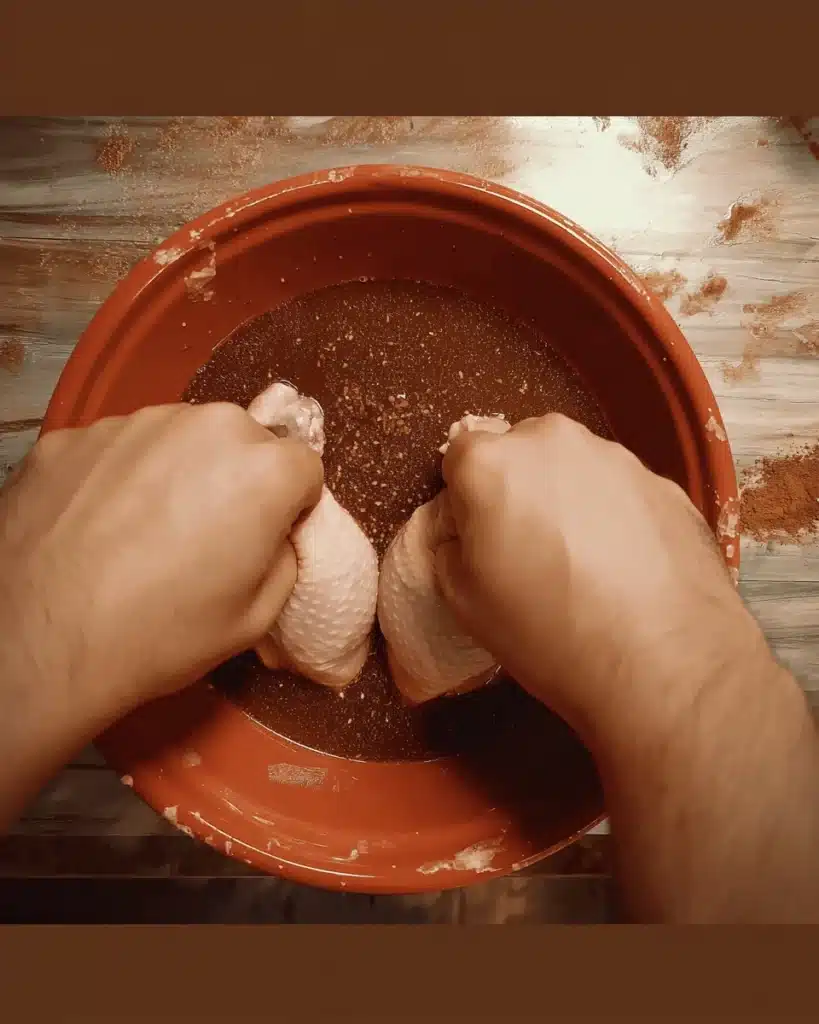 Hands dipping raw chicken drumsticks into seasoned brine inside an orange bowl.