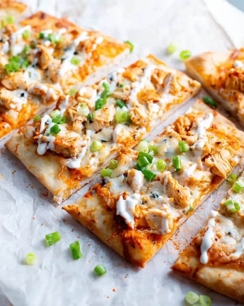 Sliced buffalo chicken flatbread with melted cheese, buffalo sauce, and green onions on parchment paper.