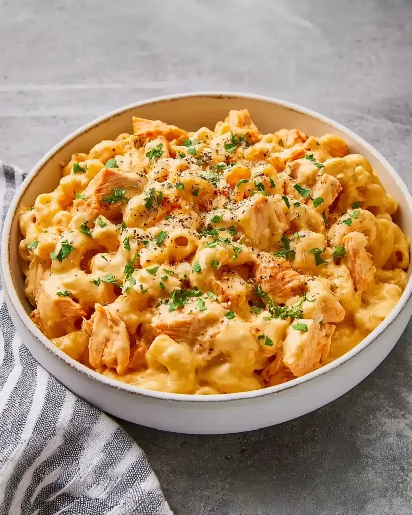Buffalo chicken mac and cheese in white bowl with parsley garnish