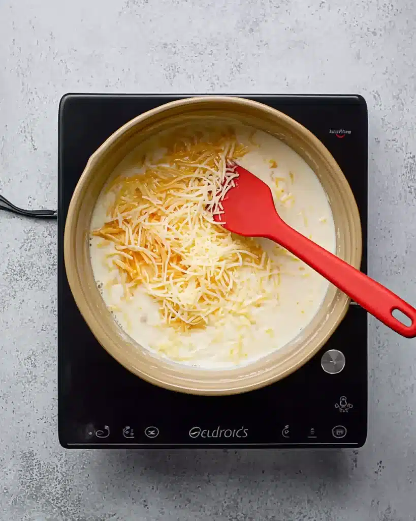 Buffalo chicken mac and cheese sauce with shredded cheese melting in pot