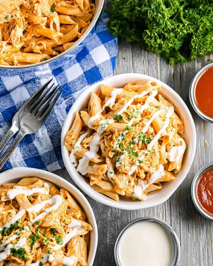Buffalo chicken pasta casserole served in bowls with ranch dressing and parsley