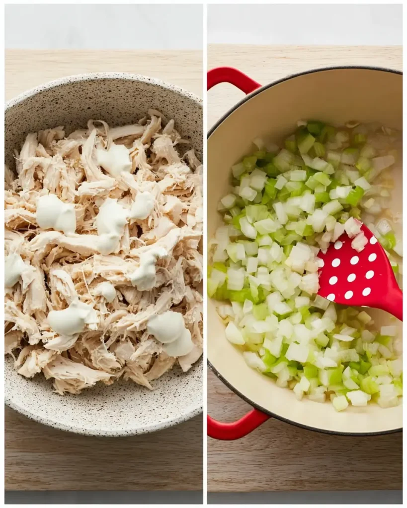 Shredded chicken with ranch and sautéed onions with celery in Dutch oven