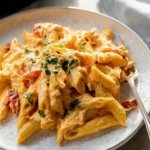 Creamy buffalo chicken pasta with penne, shredded chicken, melted cheese, and tomatoes served on a ceramic plate