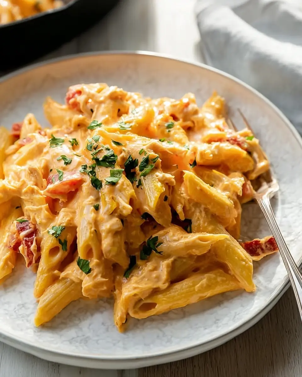 Creamy buffalo chicken pasta with penne, shredded chicken, melted cheese, and tomatoes served on a ceramic plate
