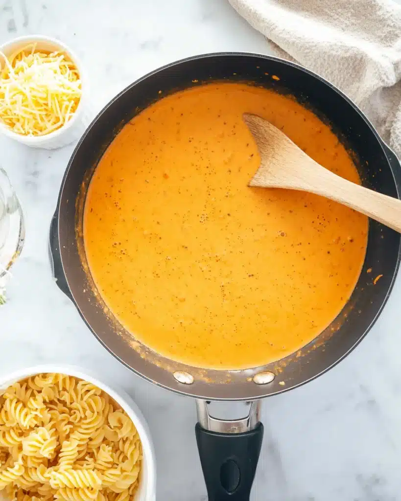 Buffalo ranch sauce simmering in a skillet with wooden spoon, surrounded by pasta and shredded cheese.