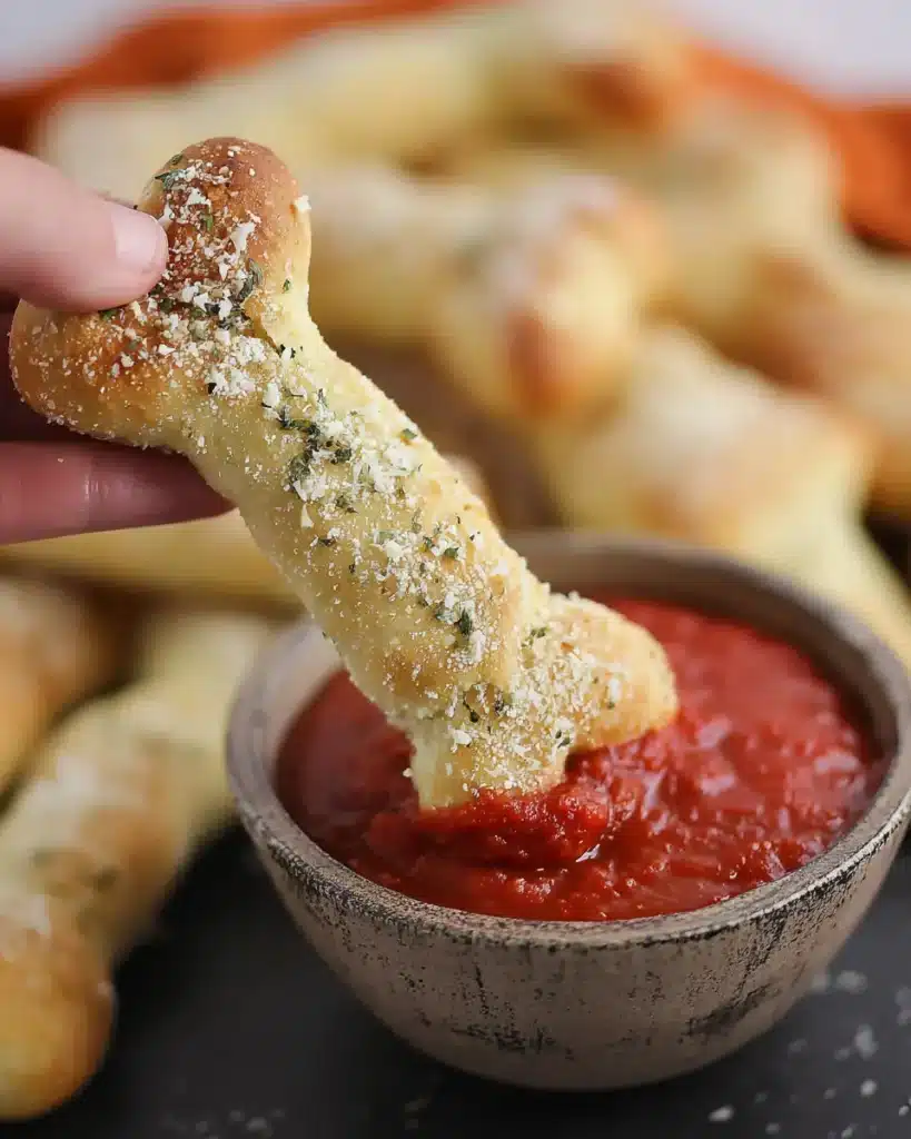 Hand dipping a cheesy Halloween breadstick bone into marinara sauce, sprinkled with Parmesan and herbs.