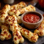 Cheesy Halloween breadstick bones with golden bubbly mozzarella served with marinara dipping sauce on a rustic board.