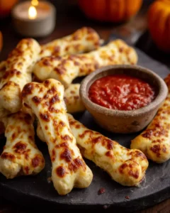 Cheesy Halloween breadstick bones with golden bubbly mozzarella served with marinara dipping sauce on a rustic board.