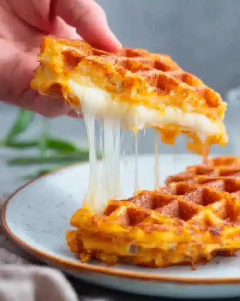 Easy Chaffle with Egg and Cheese: Crispy, Satisfying, Low-Carb Delight 8 Crispy keto chaffle sandwich being pulled apart with melted cheese stretching in the center.