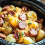 Cheesy potatoes and kielbasa in a crockpot with melted cheddar and fresh herbs.