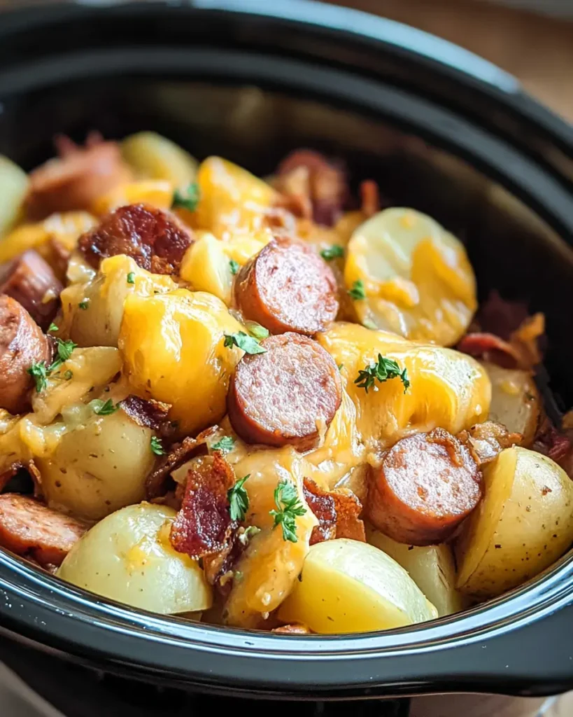 Cheesy potatoes and kielbasa in a crockpot with melted cheddar and fresh herbs.