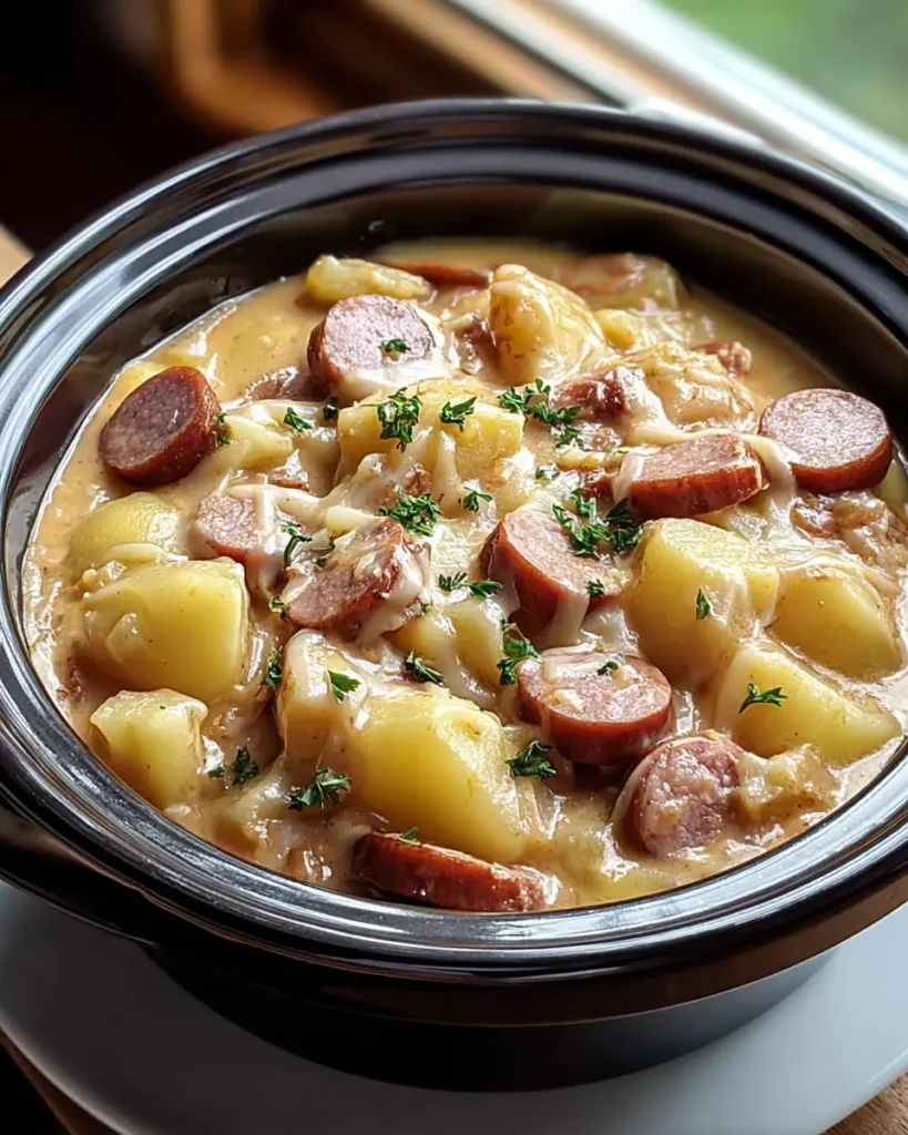 Cheesy potatoes and kielbasa in creamy cheese sauce inside a crockpot, garnished with parsley