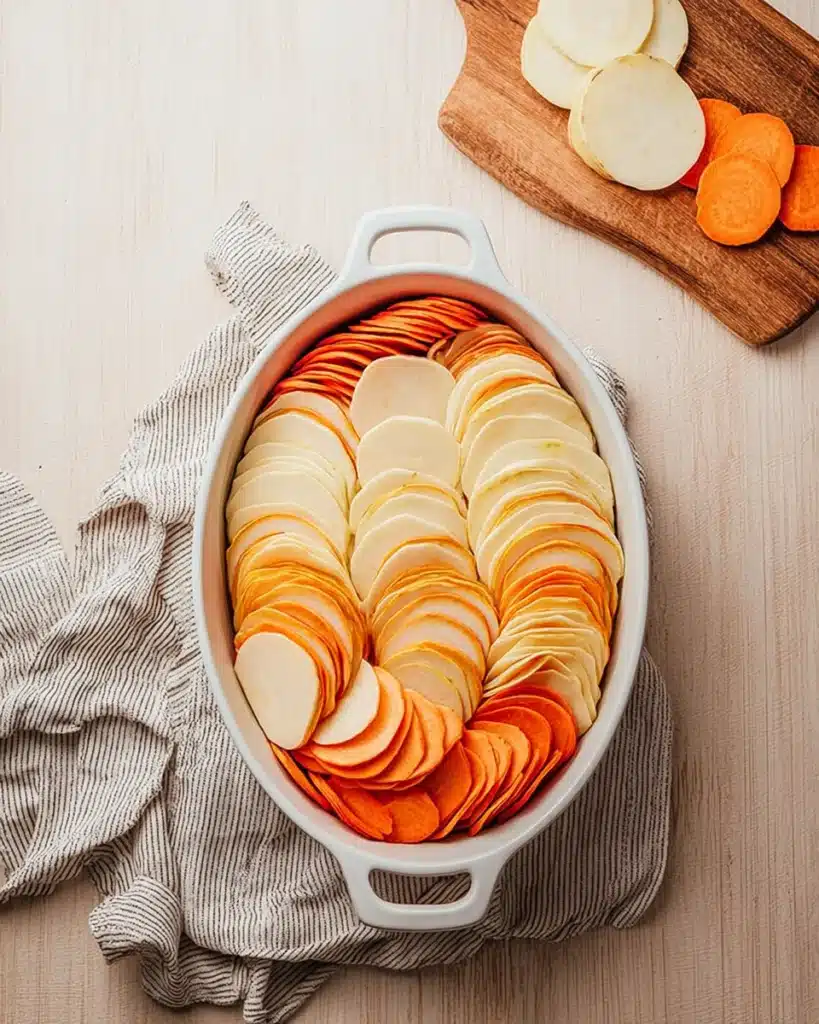 Cheesy Root Vegetable Gratin – A Cozy Thanksgiving Side Dish 15 Layered root vegetables in baking dish for cheesy root vegetable gratin