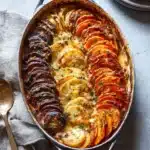 Cheesy Root Vegetable Gratin – A Cozy Thanksgiving Side Dish 17 Cheesy root vegetable gratin in oval dish with golden layers of potatoes, parsnips, and beets