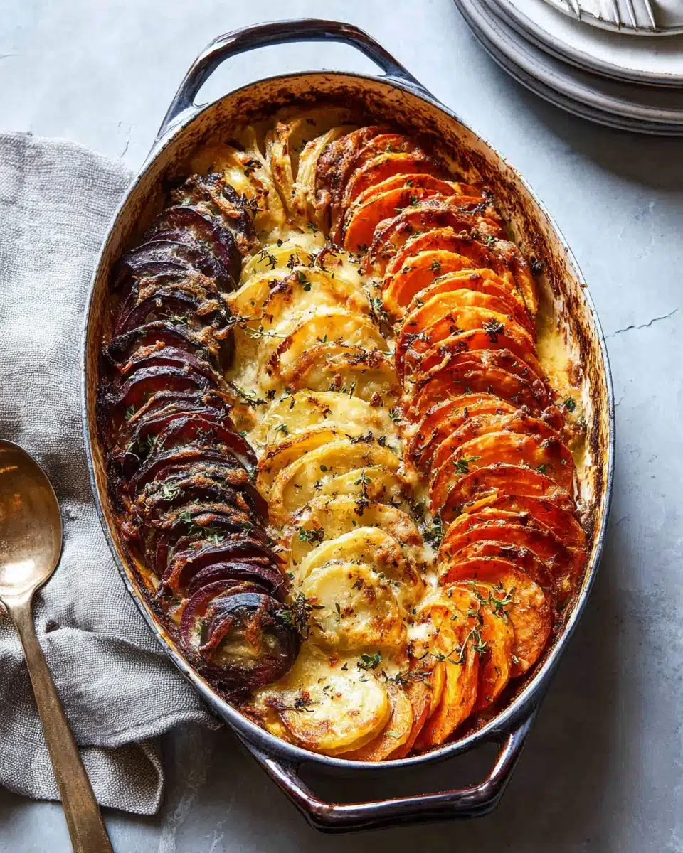 Cheesy root vegetable gratin in oval dish with golden layers of potatoes, parsnips, and beets
