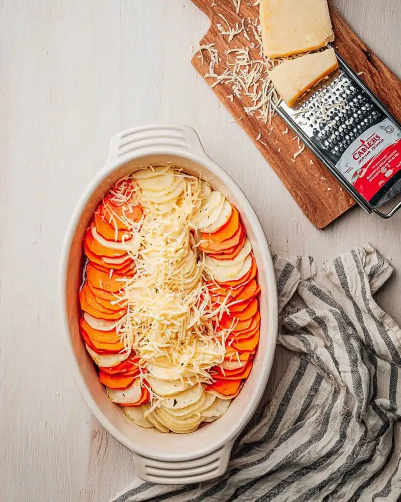 Cheesy Root Vegetable Gratin – A Cozy Thanksgiving Side Dish 14 Root vegetables layered in baking dish with shredded cheese for cheesy root vegetable gratin
