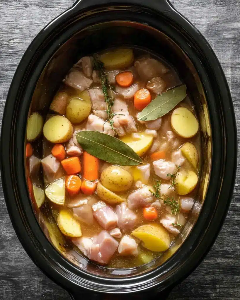 Slow Cooker Chicken Stew Recipe for a Hearty, Happy Dinner 10 Overhead view of raw chicken, carrots, potatoes, celery, onions, and broth inside a slow cooker, ready to make chicken stew.