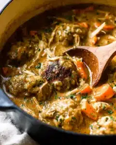 Chicken and pumpkin dumplings simmering in a creamy golden broth with carrots and herbs, served in a rustic pot