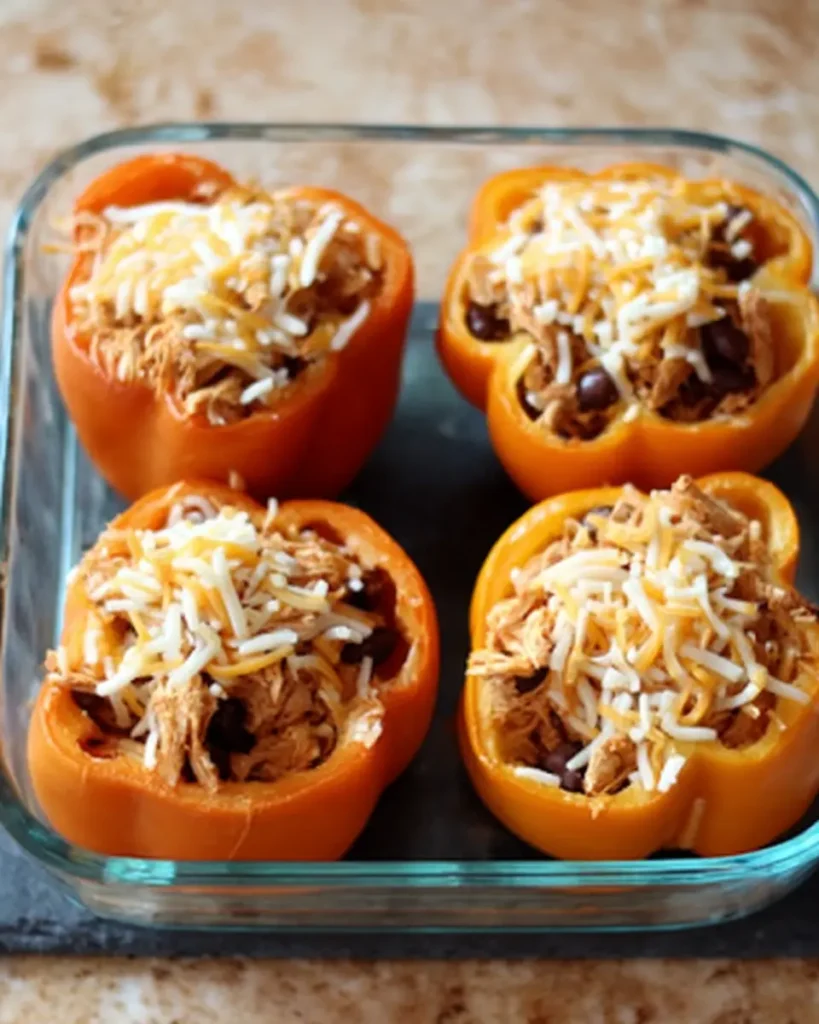Stuffed orange bell peppers filled with shredded chicken, rice, beans, and cheese in a glass baking dish.