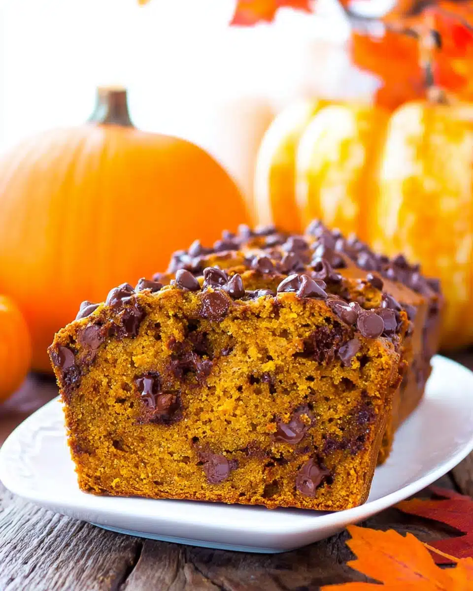 Moist chocolate chip pumpkin bread slice on white plate with autumn decorations in the background