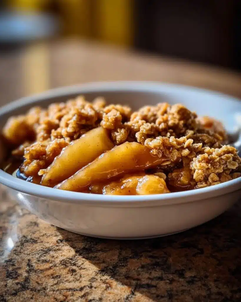 Classic Apple Crisp Recipe for Cozy Comfort 8 A warm bowl of classic apple crisp with golden apples and a crunchy oat topping served in a white dish.