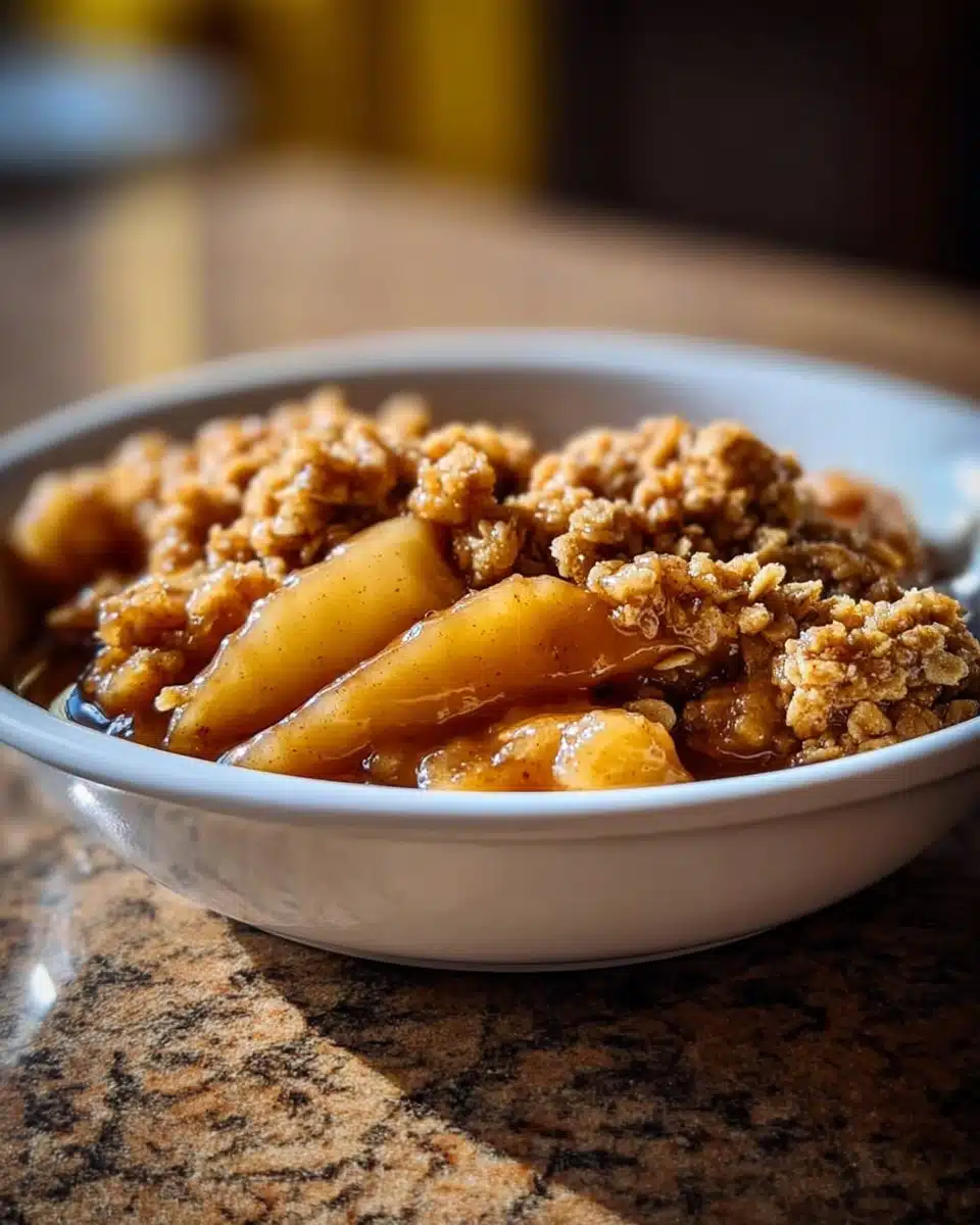 A warm bowl of classic apple crisp with golden apples and a crunchy oat topping served in a white dish.