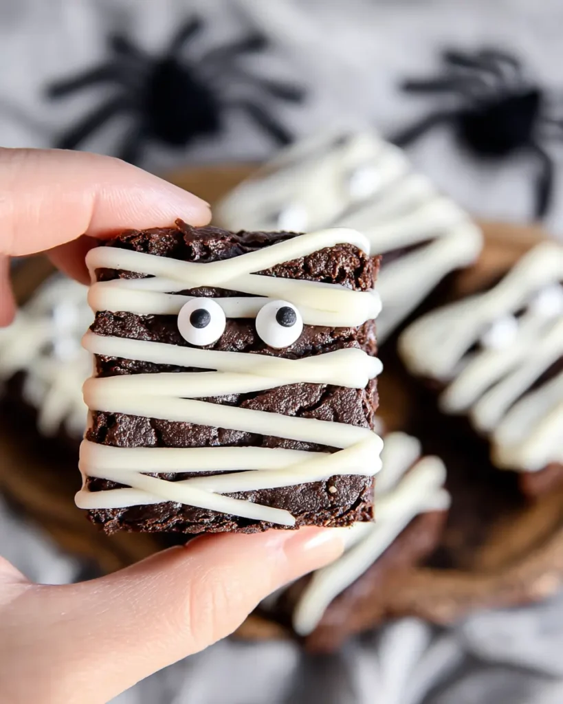 Close-up of Halloween mummy brownie with white chocolate drizzle and candy eyeballs held in hand
