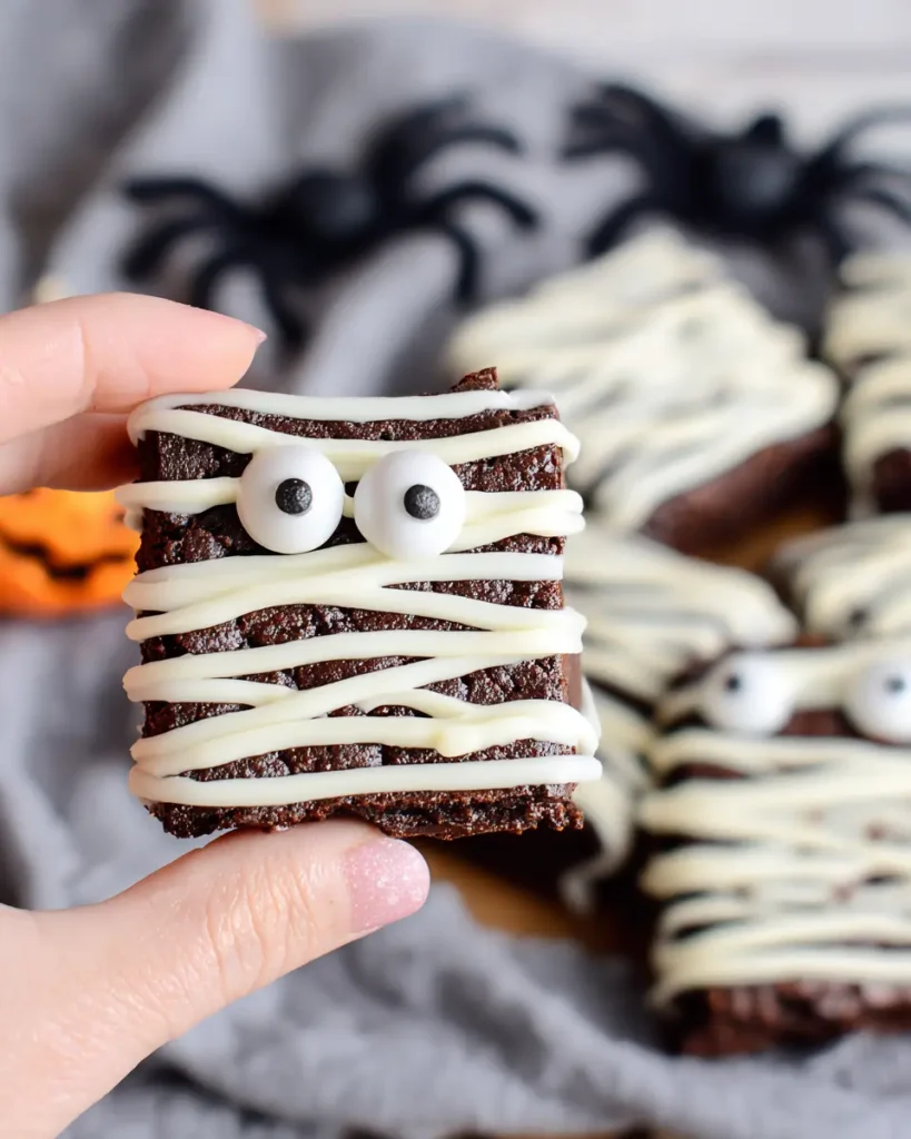 Mummy Brownies – Easy Halloween Treats 11 Hand holding a Halloween mummy brownie with white chocolate drizzle and candy eyeballs.