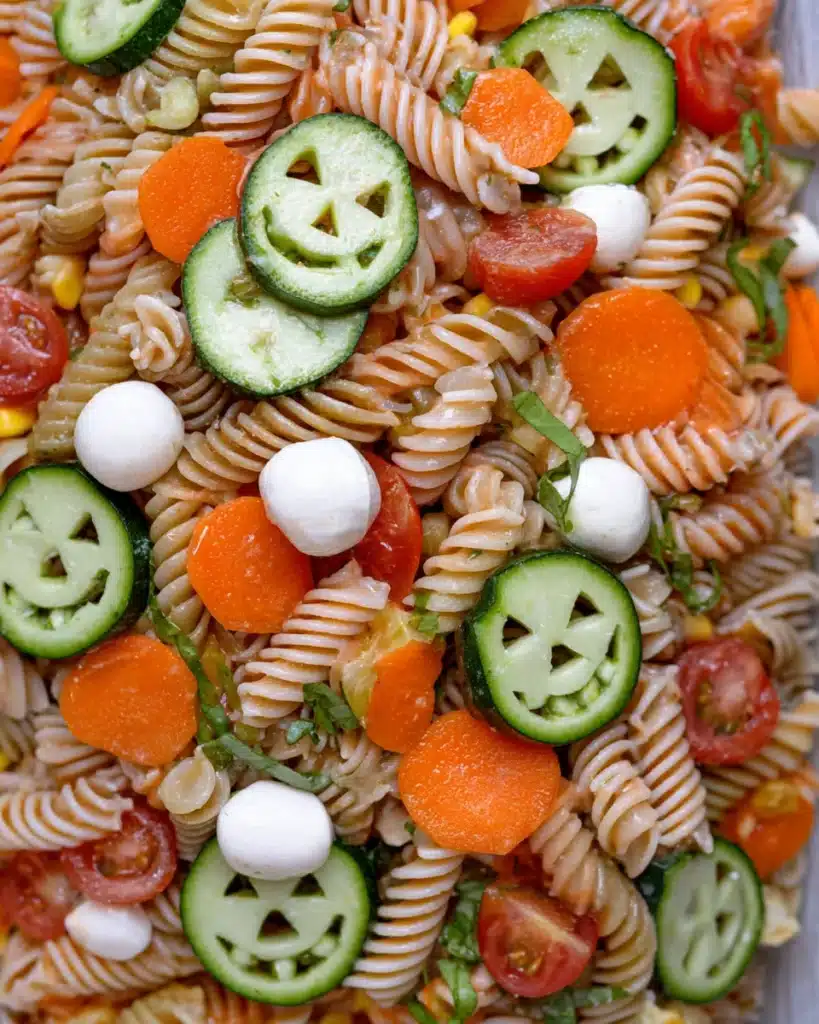 Halloween Pasta Salad – A Fun and Spooky Side Dish 13 “Close-up of Halloween pasta salad with tricolor pasta, cucumber jack-o’-lantern slices, mozzarella pearls, carrots, and cherry tomatoes.”