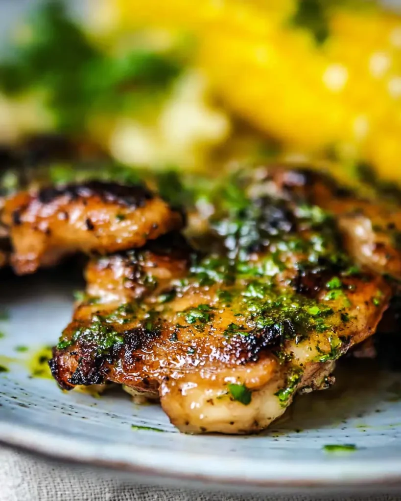 Close-up of grilled chicken thighs topped with chimichurri sauce and charred to perfection

