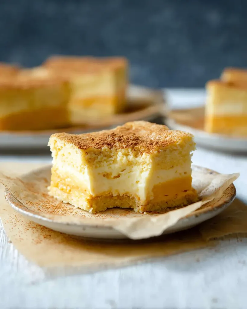 Pumpkin Magic Custard Cake – A Cozy Fall Dessert with Layers of Wonder 11 Pumpkin magic custard cake slice with a bite taken out on a cinnamon-dusted plate