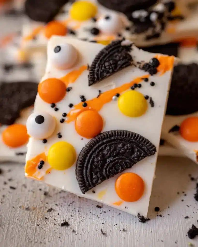 Close-up of broken white chocolate Halloween Oreo bark with Oreos, orange filling, candy eyeballs, and sprinkles.
