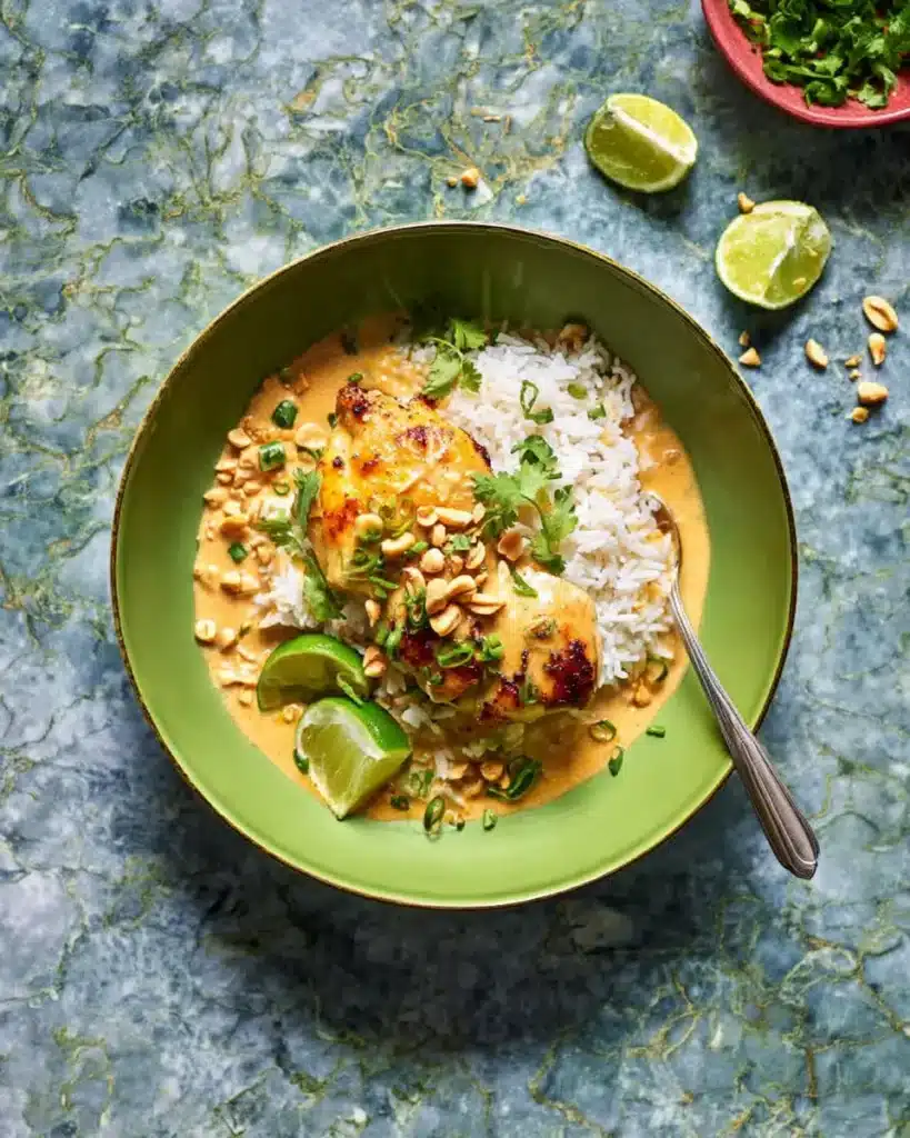 One Pan Coconut Lime Chicken Recipe with Creamy Sauce 8 Bowl of coconut lime chicken with jasmine rice, garnished with scallions, cilantro, peanuts, and lime on a stone surface