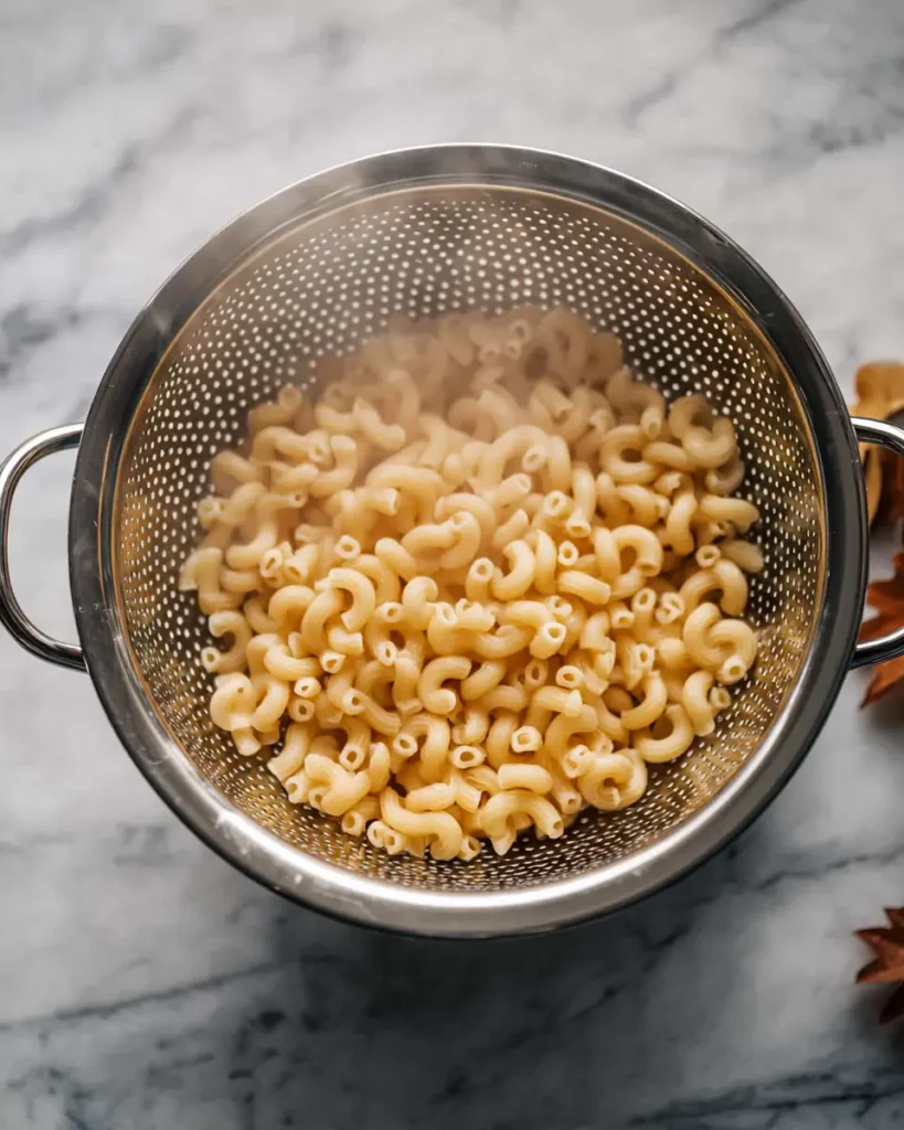Steaming elbow macaroni draining in a stainless steel colander after boiling