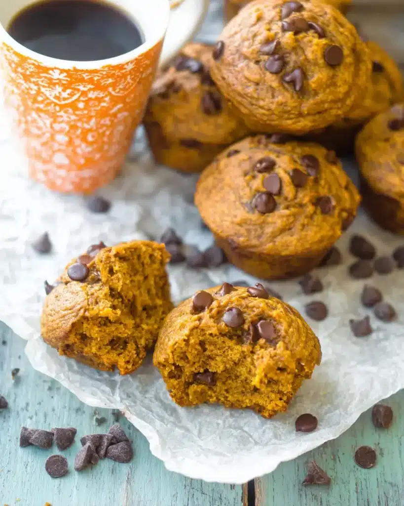 Pumpkin chocolate chip muffins with a halved muffin and cozy mug on parchment

