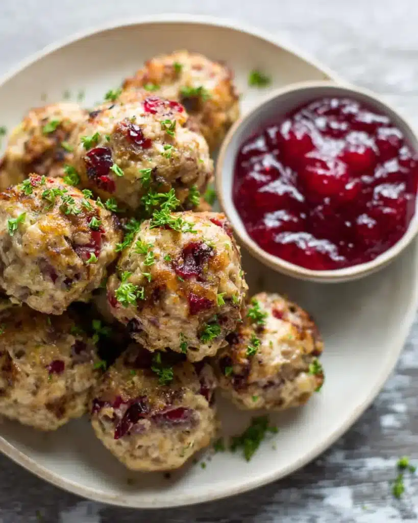 Cranberry turkey stuffing balls with cranberry sauce on a plate