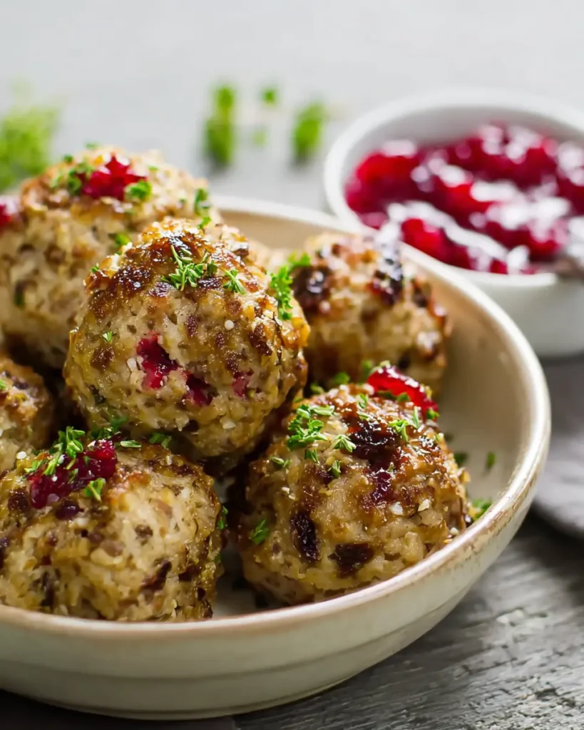 Cranberry Turkey Stuffing Balls – Festive and Flavorful Holiday Bites 10 Cranberry turkey stuffing balls with cranberry sauce in a white bowl