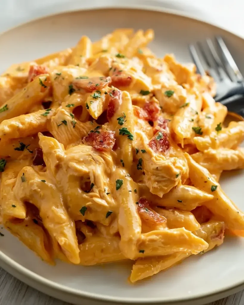 Plate of creamy buffalo chicken pasta with melted cheese and tomatoes