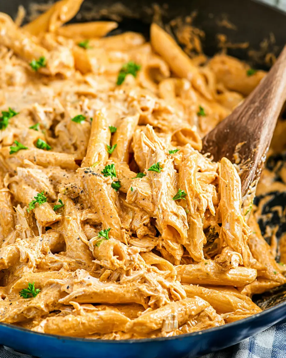 Creamy buffalo chicken pasta with penne, shredded chicken, and melted cheese in a skillet with parsley garnish
