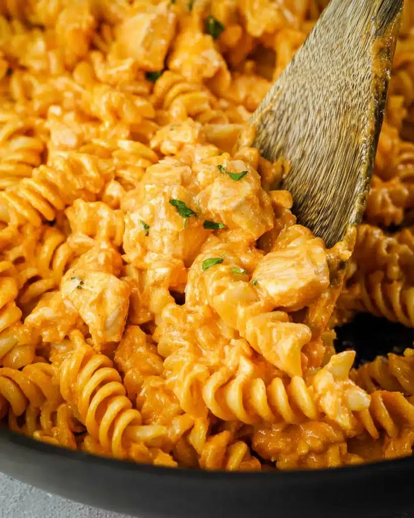 Close-up of buffalo chicken pasta with ranch sauce and rotini, garnished with herbs and served on a wooden spoon.