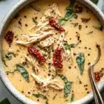 Chicken Corn Chowder (Creamy Crockpot Recipe) 8 Creamy chicken soup with shredded chicken, sun-dried tomatoes, spinach, and cracked pepper in a rustic ceramic bowl